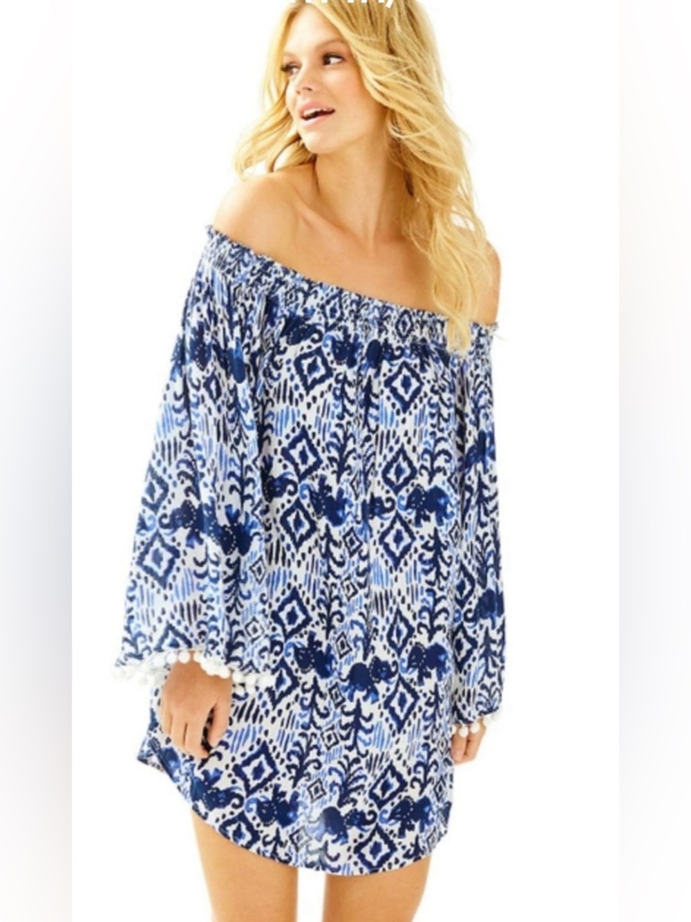 Lilly Pulitzer Nita Off The Shoulder Dress Cover up Tons of Fun Navy White Sz M